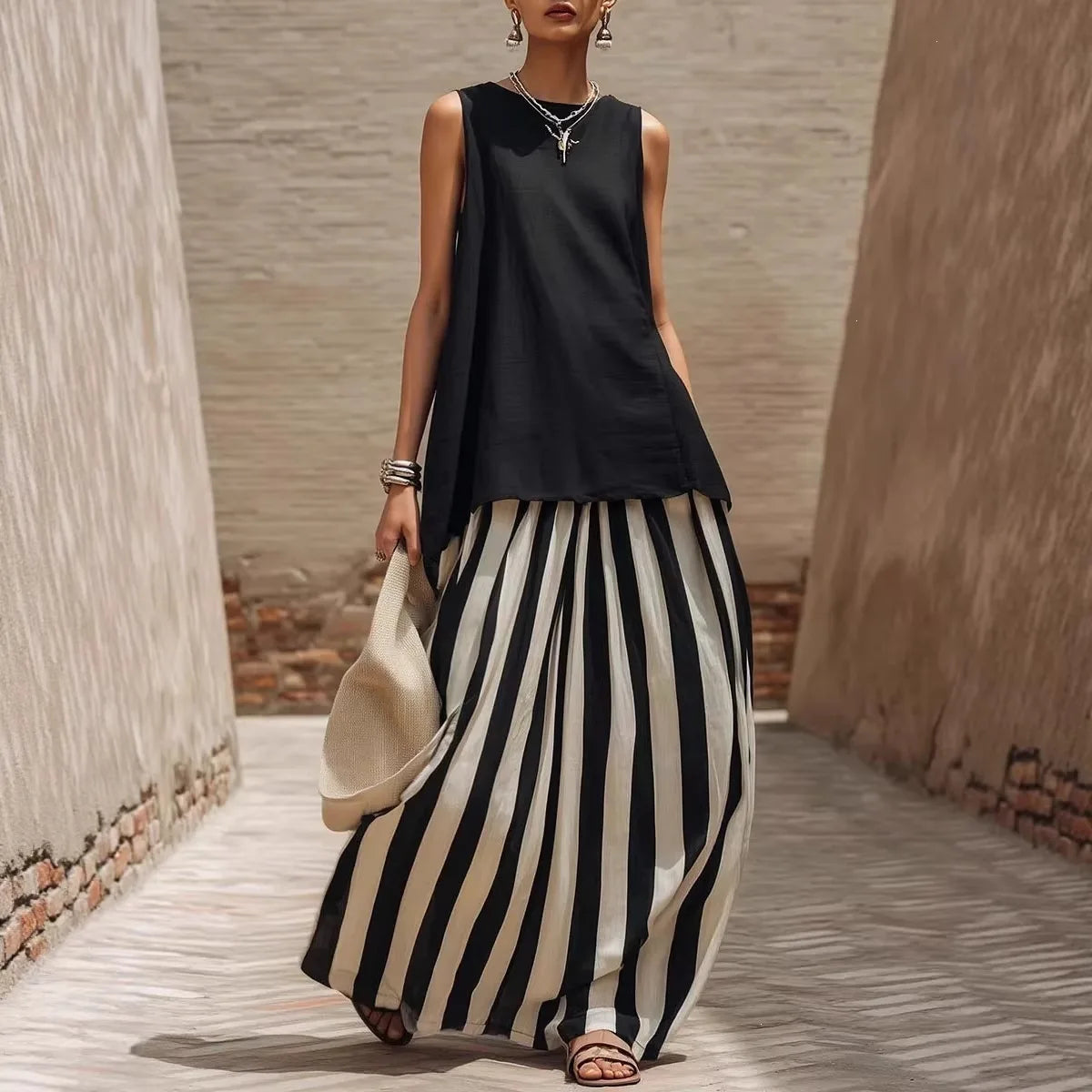 Mirenza™ Maxi Dress with Solid Color Top and Long Striped Skirt