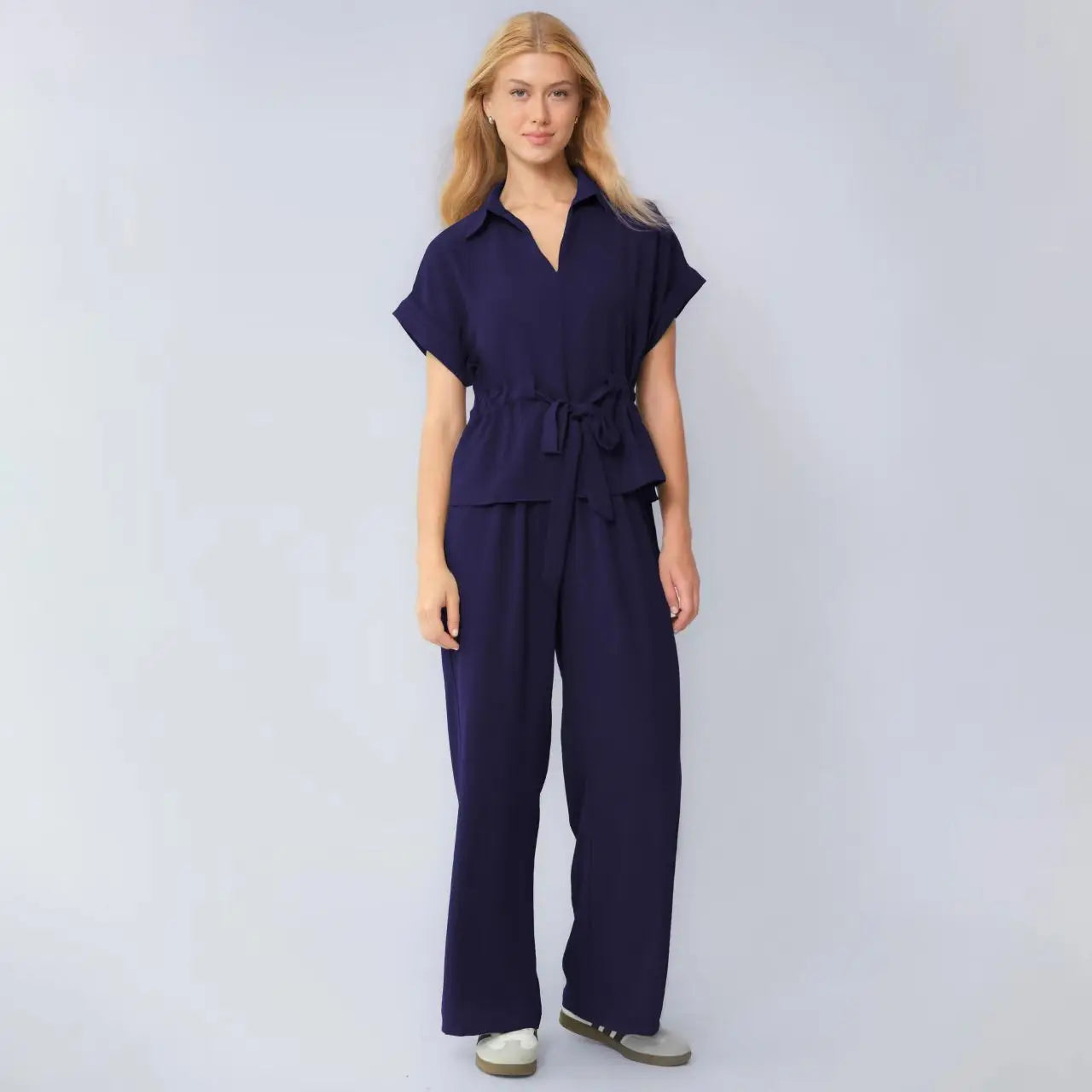 Two-Piece Set Cambria™ with Tie-Waist Top and Wide-Leg Pants.
