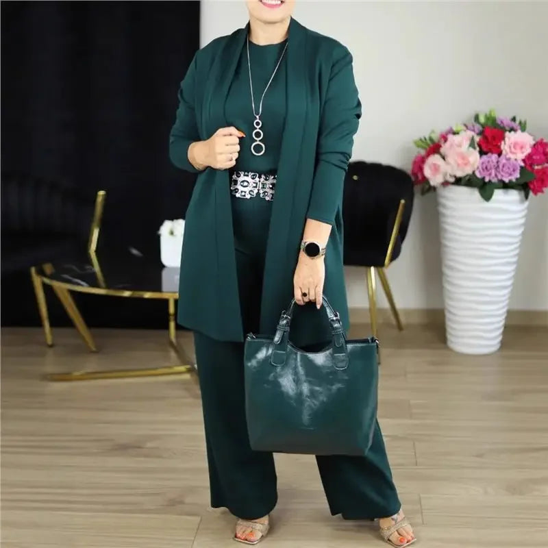 Evanna™ Set with Basic Blouse, Long Cardigan, and Perfect Fit Straight Leg Pants / Discreet Elegance that Inspires Confidence!