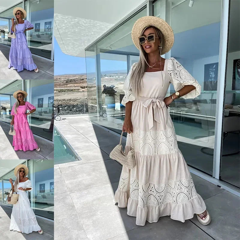 Elysée Charm™ Dress in Laise Embroidery with Layered Skirt and Bow at the Waist / Timeless Elegance Inspired by the Mediterranean!