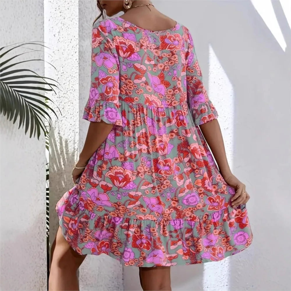 Amarise™ Floral Dress with 3/4 Sleeves and Gathered Underbust Seam