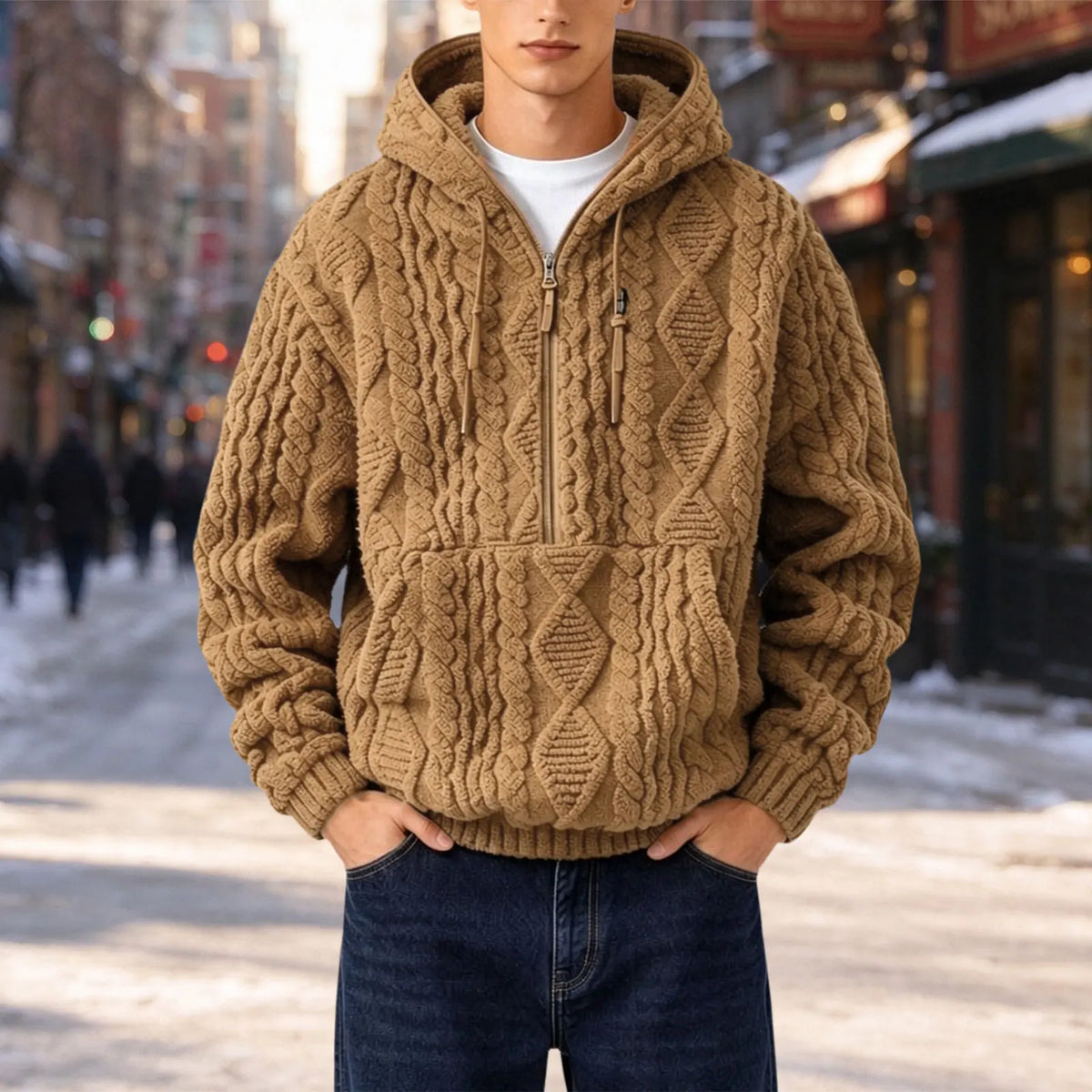Everett™ Cable Knit Hoodie with Half-Zip Front and Oversized Hood