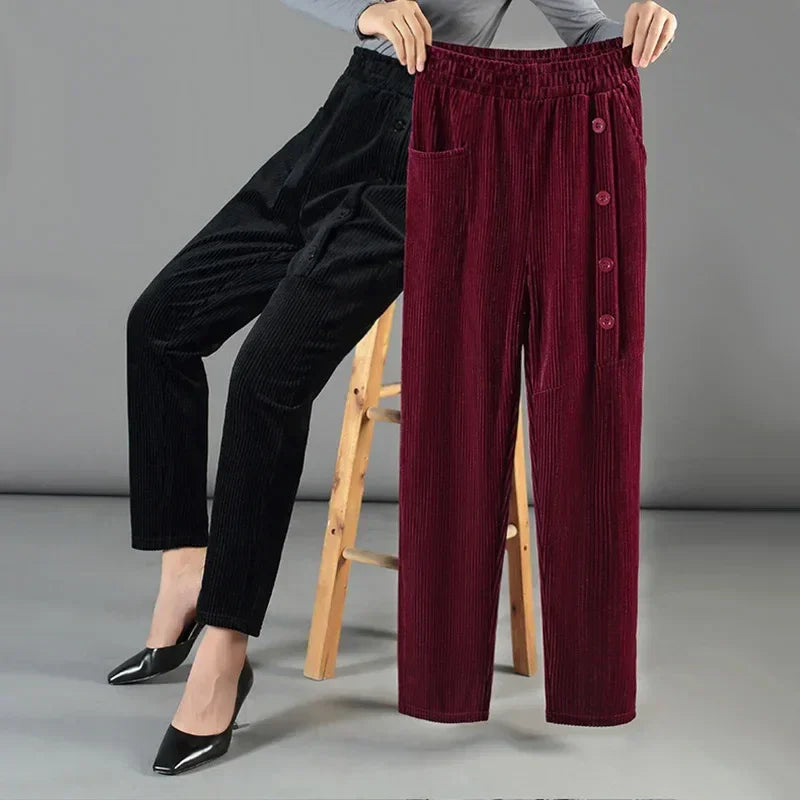 Cordelle™ Velvet Lined Pants with Decorative Buttons / Coziness and Style on Cold Days!