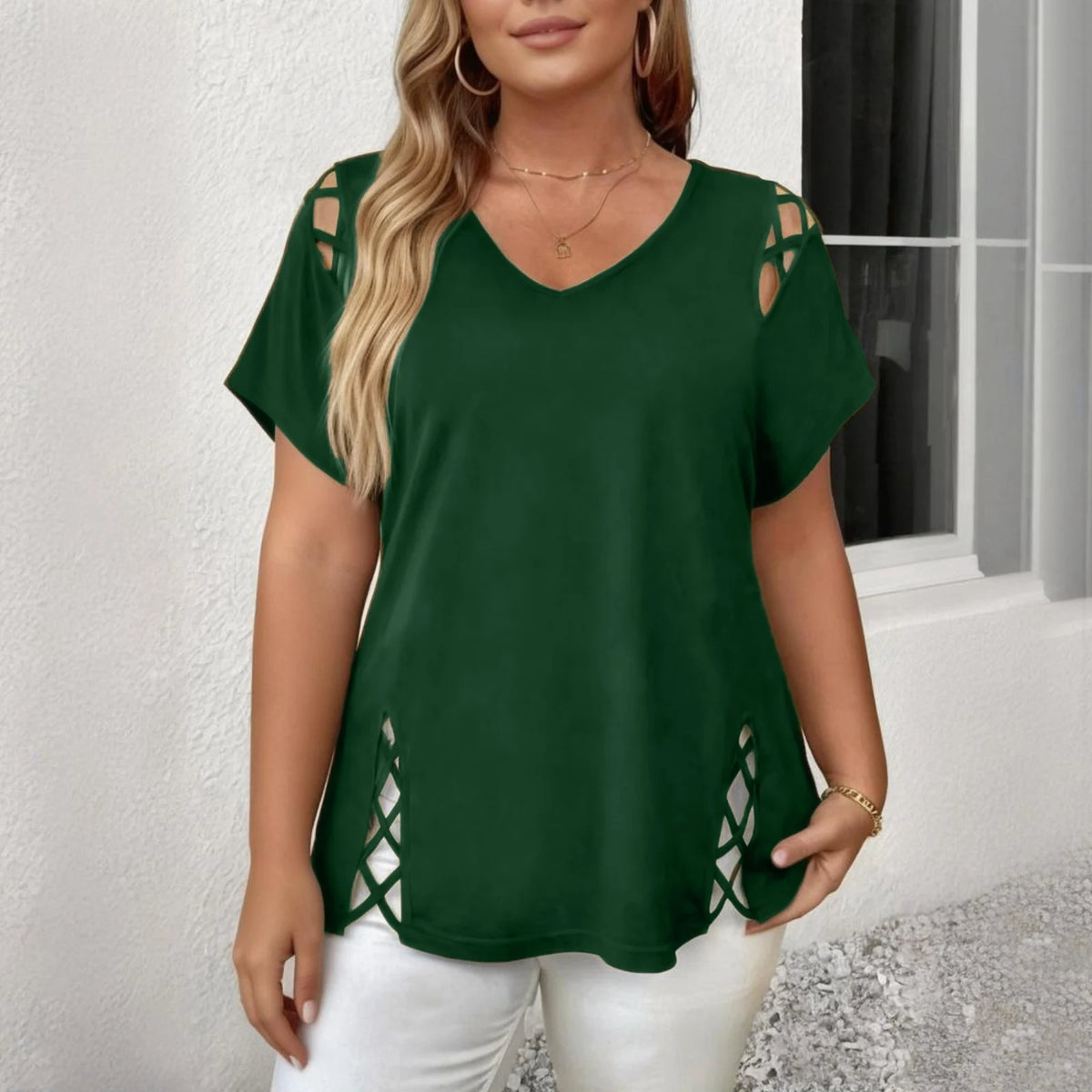 Caliria™ V-Neck Blouse with Shoulder and Side Cutout Details