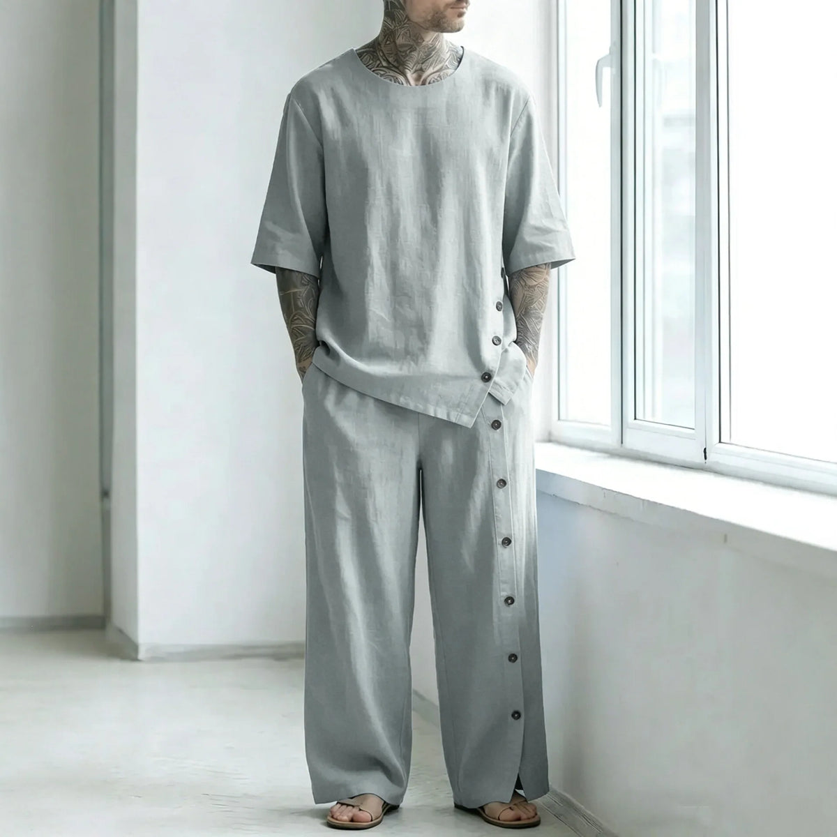 Alessio™ Set with Oversized T-Shirt, Wide-Leg Pants and Side Button Detail