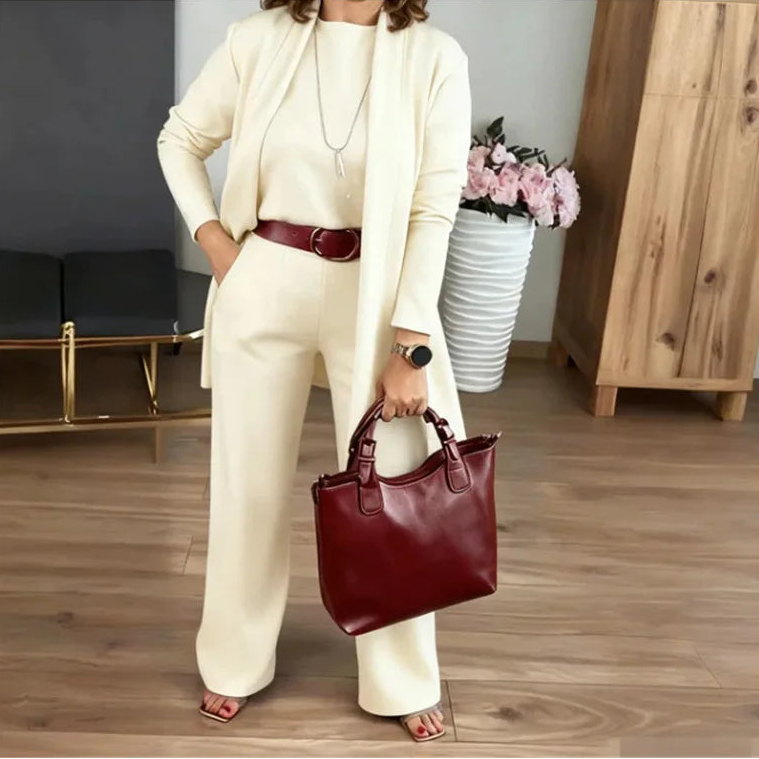 Evanna™ Set with Basic Blouse, Long Cardigan, and Perfect Fit Straight Leg Pants / Discreet Elegance that Inspires Confidence!