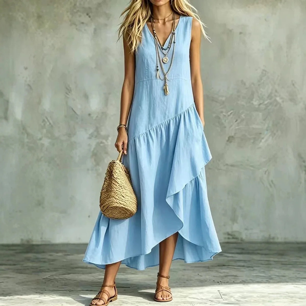 Liorah™ V-Neck Dress with a Flowing Layered Asymmetrical Skirt