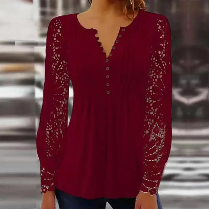 Verenice™ Blouse with Sheer Floral Lace Sleeves and Delicate Bust Pleats