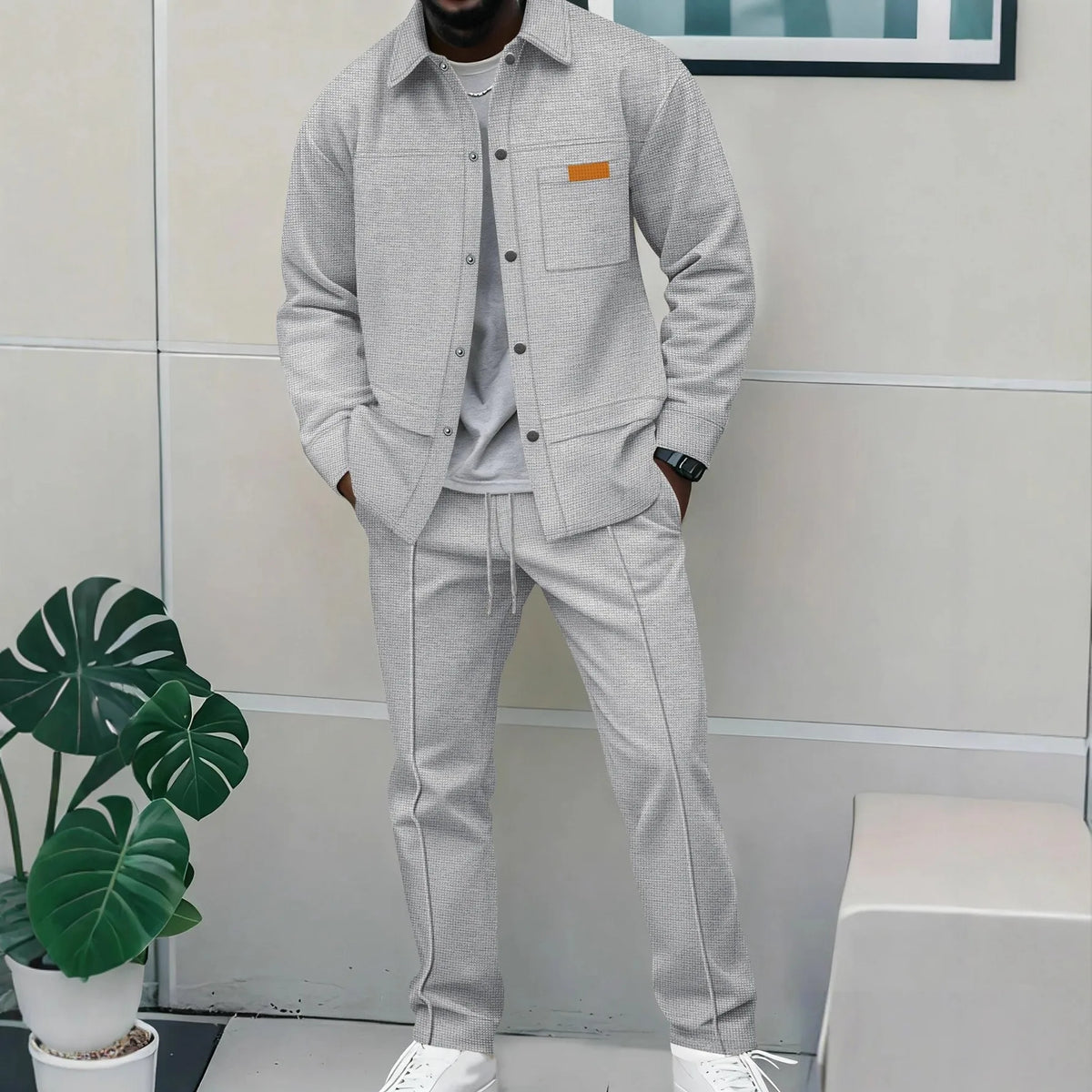 Vercelli™ Textured Fabric Set with Long-Sleeve Shirt and Straight-Leg Pants