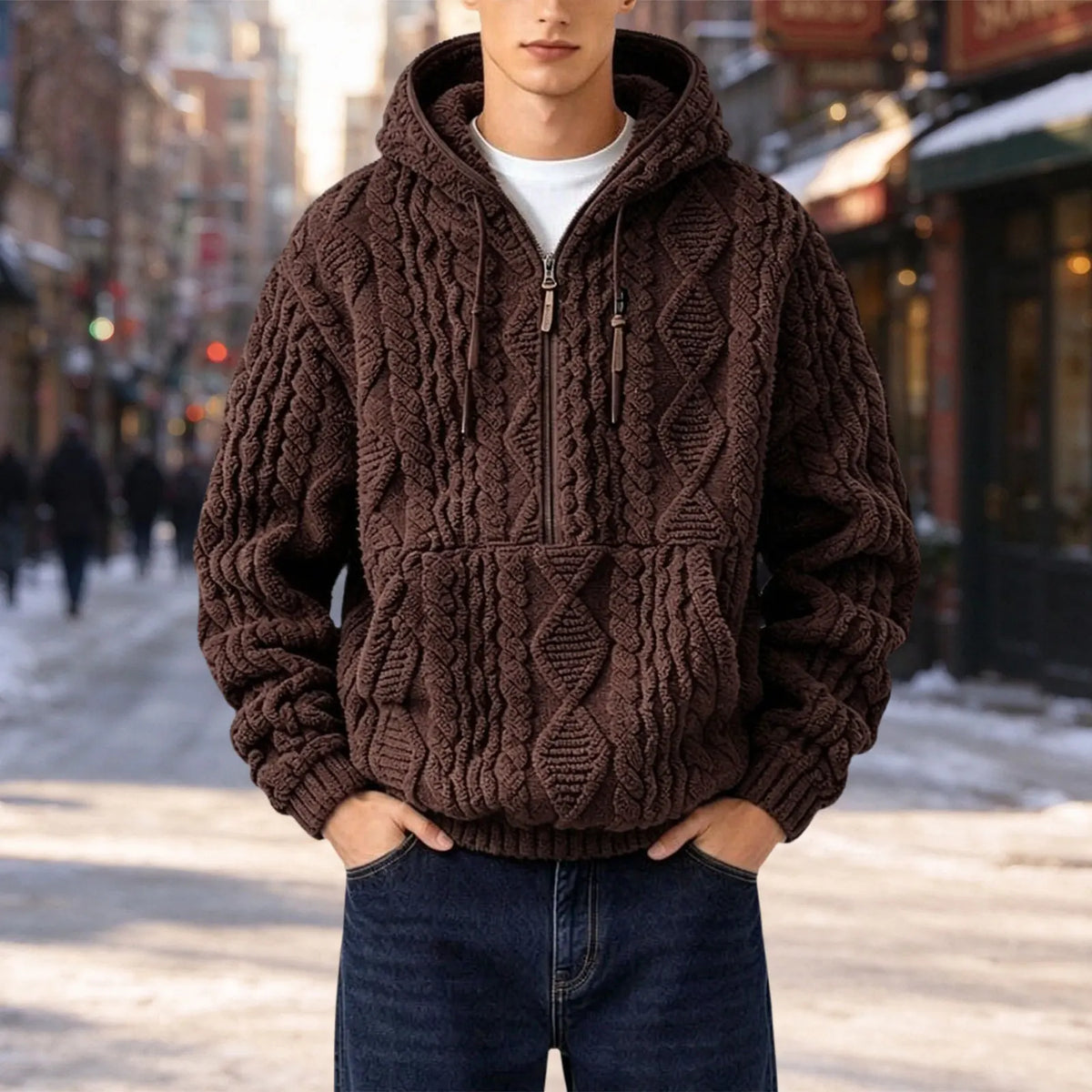 Everett™ Cable Knit Hoodie with Half-Zip Front and Oversized Hood