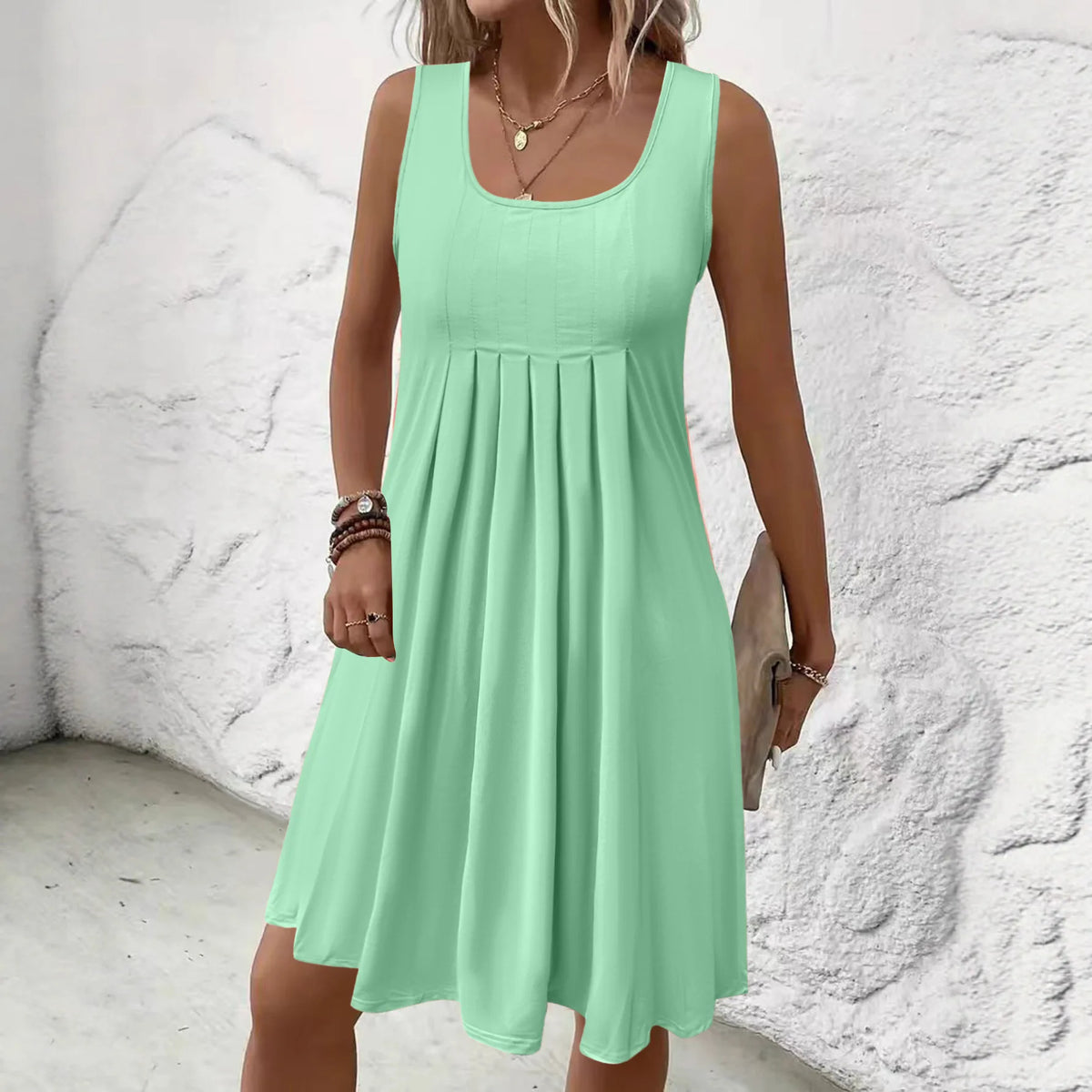 Valessa™ Pleated Dress with Wide Straps and Rounded Neckline