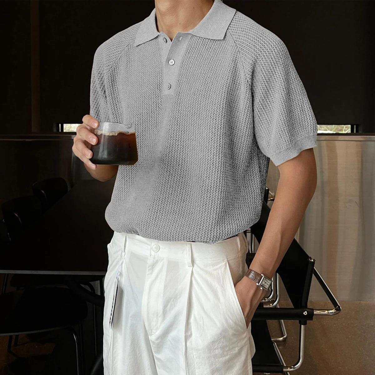 Varello™ Textured Knit Polo with Classic Collar and Front Buttons
