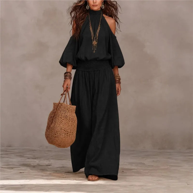 Set Oceane™ with Cold-Shoulder Top and Smocked Wide-Leg Pants.