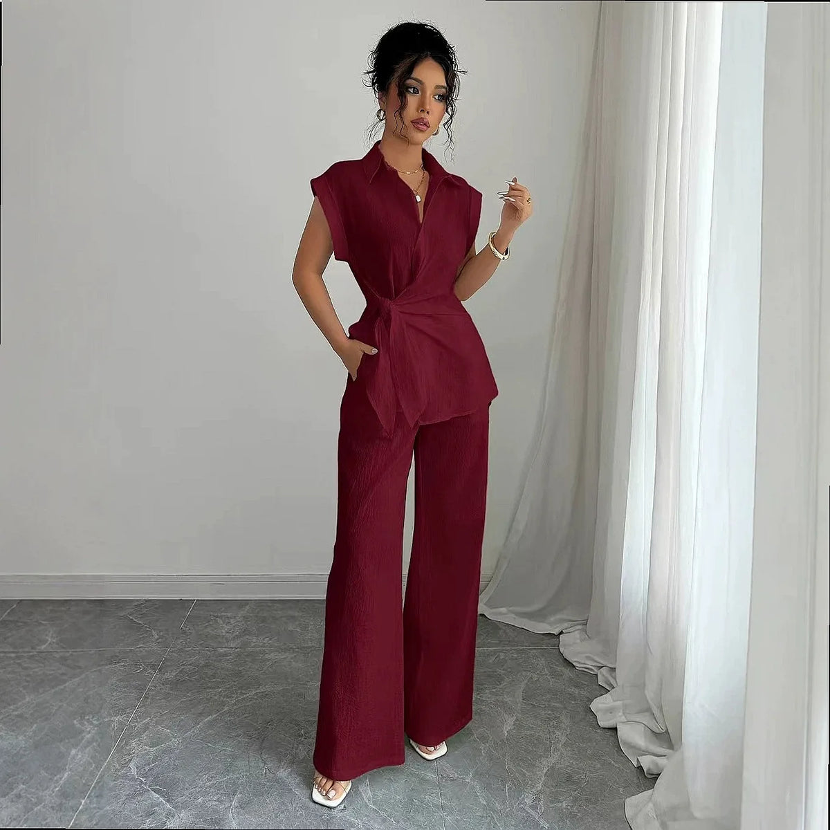 Set Elspeth™ with Button-Front Shirt and Wide-Leg Pants