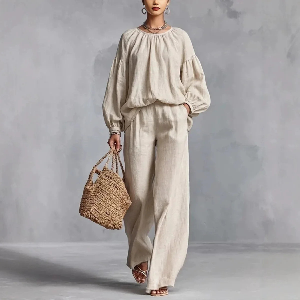 Valdora™ Two-Piece Set with Puff Sleeve Blouse and Wide-Leg Pants