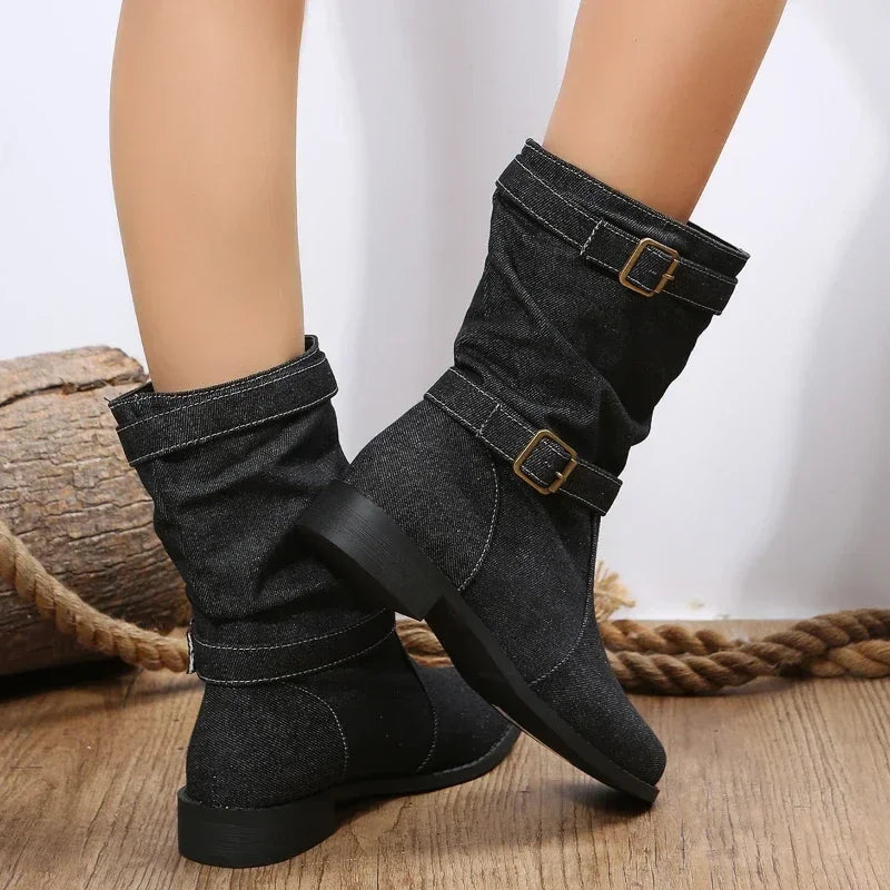 Montana™ Boots in Denim Jeans with Mid-Calf Shaft and Decorative Buckles / Authenticity and Style in Every Detail!