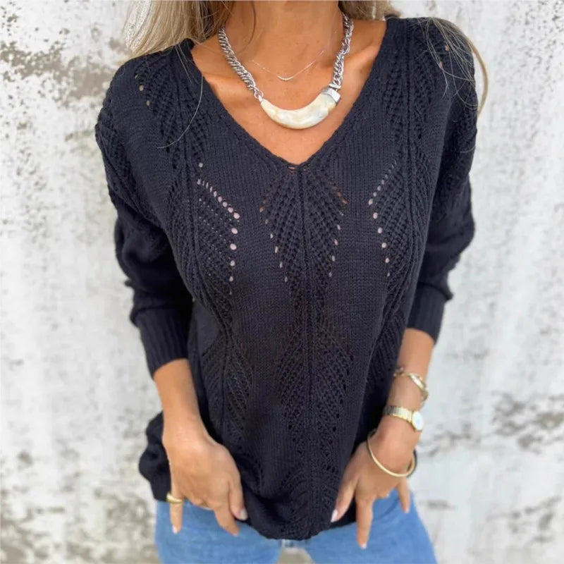 Vivienne™ Open-Knit Reversible Sweater with Double V-Neck and Button Detail / The Open-Knit Touch that Combines Comfort and Sophistication!
