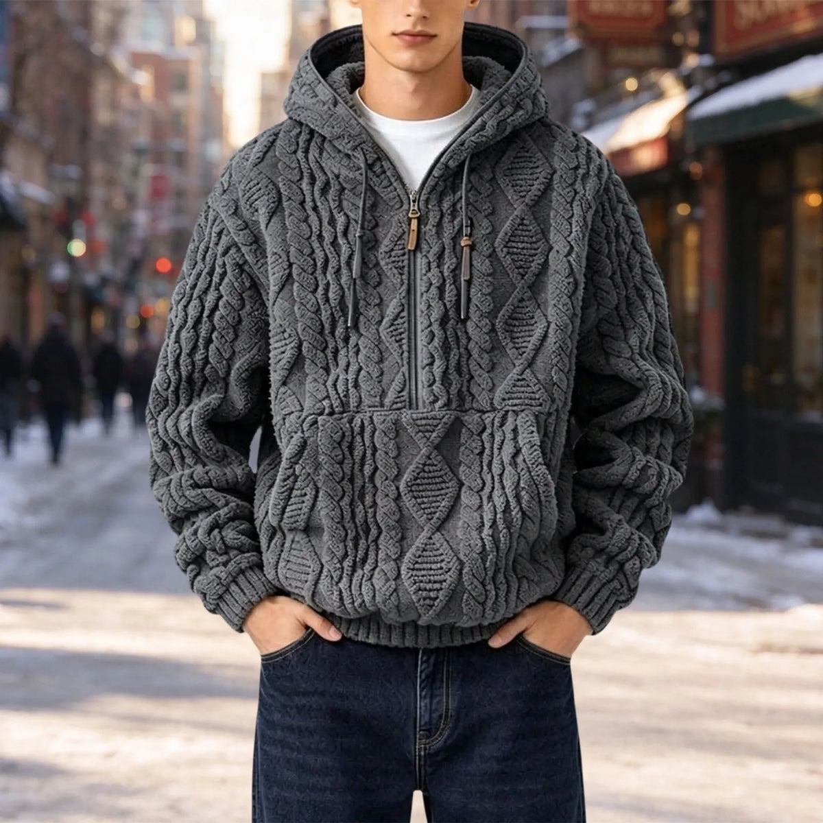Everett™ Cable Knit Hoodie with Half-Zip Front and Oversized Hood