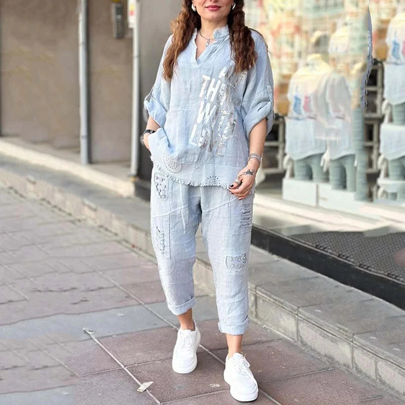 Vogue Street™ Cotton Linen Set with Metallic Print and Embroidered Cargo Pants / The Perfect Balance Between Comfort and Contemporary Style!