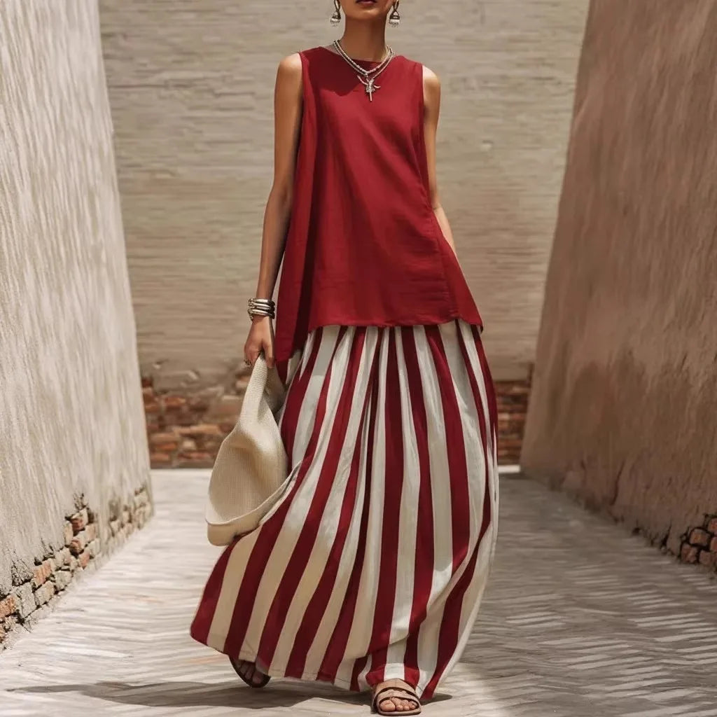 Mirenza™ Maxi Dress with Solid Color Top and Long Striped Skirt