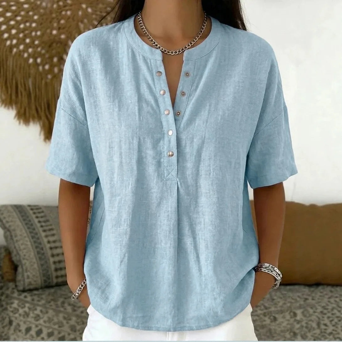 Ambrina™ Cotton-Linen Blouse with Delicate Front Buttons at the Neckline and Relaxed Fit