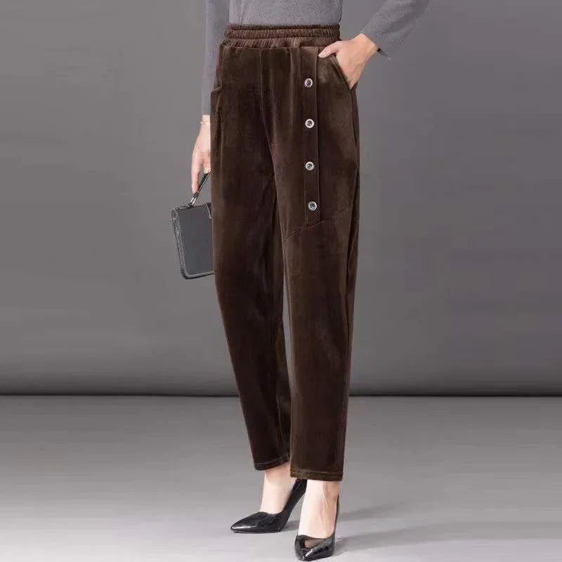 Cordelle™ Velvet Lined Pants with Decorative Buttons / Coziness and Style on Cold Days!