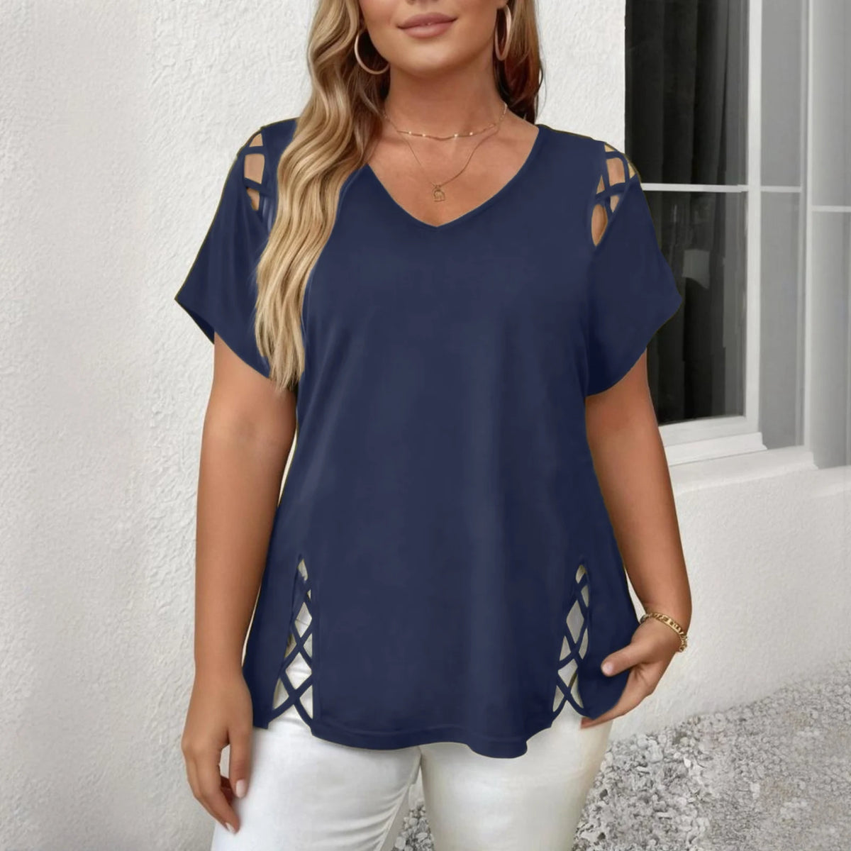 Caliria™ V-Neck Blouse with Shoulder and Side Cutout Details