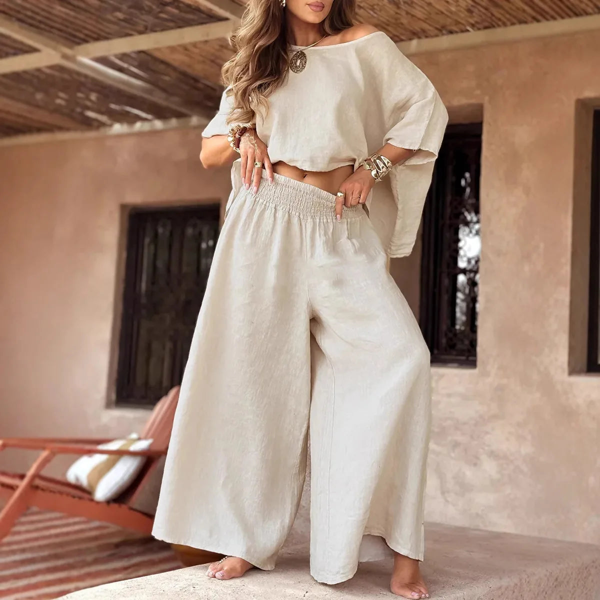 Horizon™ Set in Cotton Linen with Bat Sleeves and High Waist / The Sophistication of a Style that Breathes Lightness!