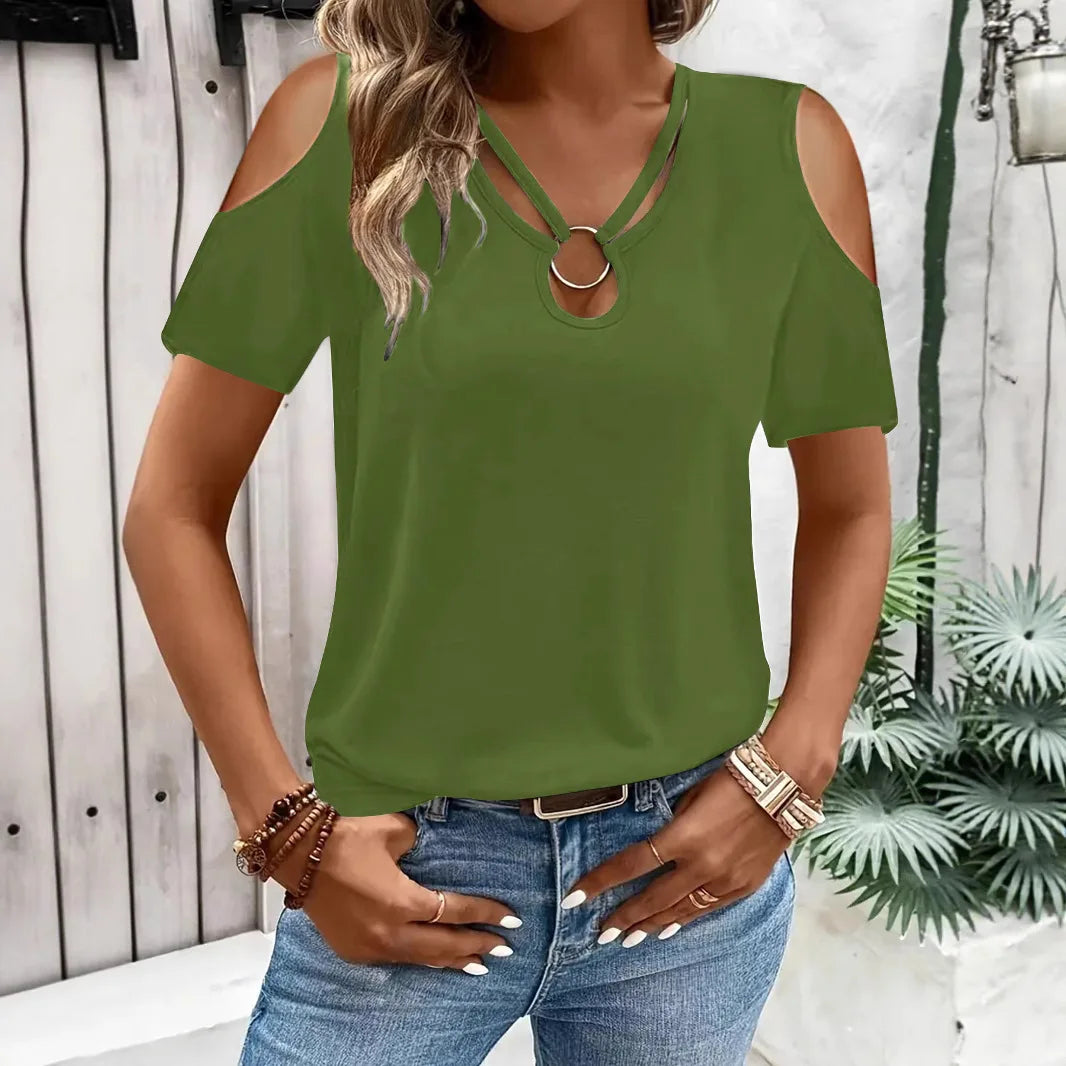 Lorenie™ Blouse with Cold Shoulder Cutouts, Wrap V-Neckline and Metal Ring Detail