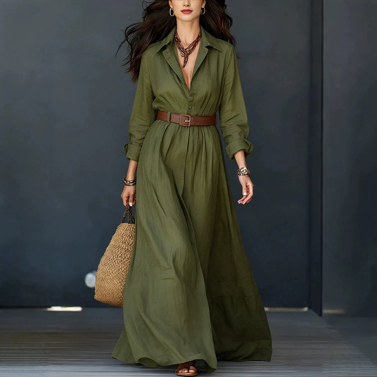 Delfina™ Dress with Elegant Collar, Minimalist Buttons and Complimentary Belt