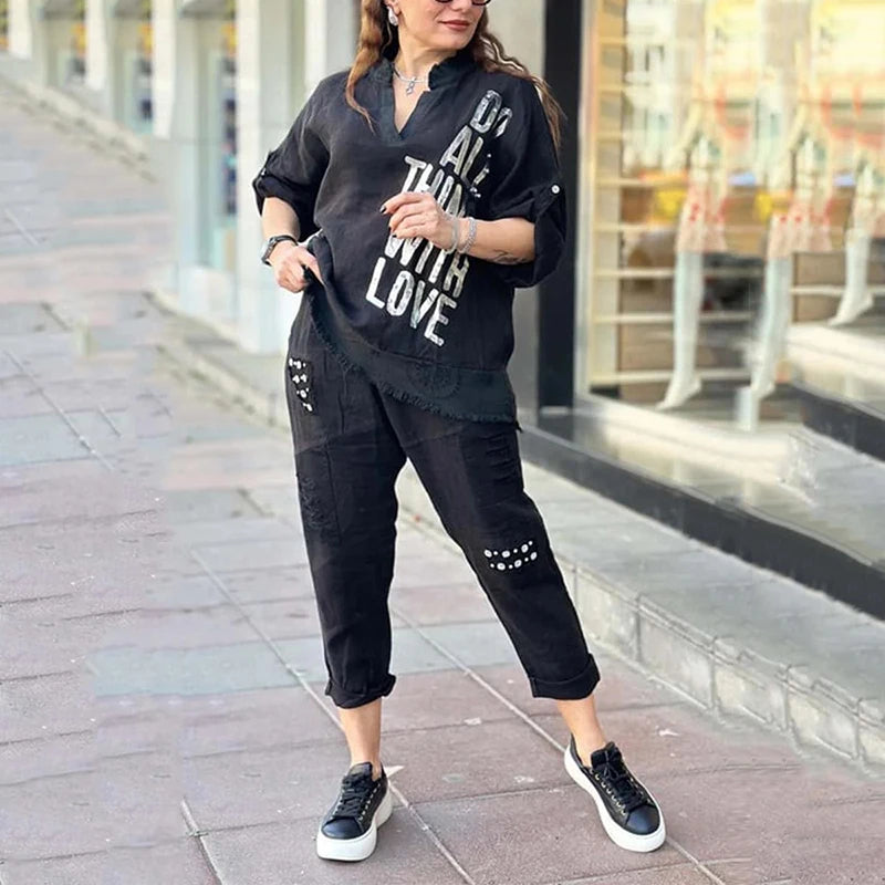 Vogue Street™ Cotton Linen Set with Metallic Print and Embroidered Cargo Pants / The Perfect Balance Between Comfort and Contemporary Style!