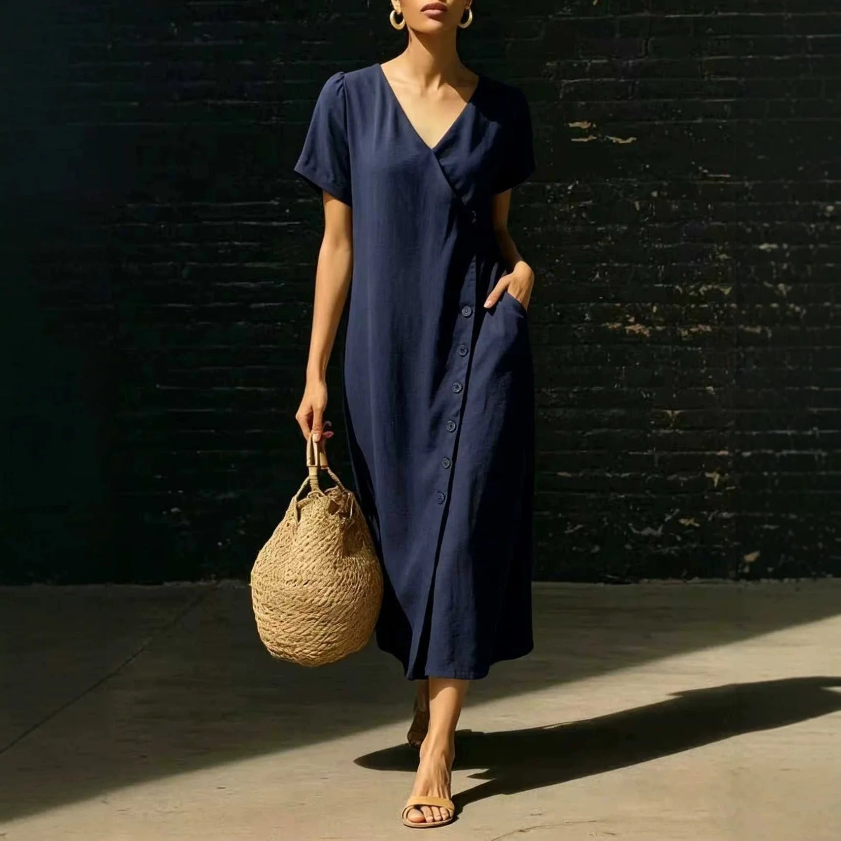 Clarisa™ V-Neck Midi Dress With Elegant Buttons