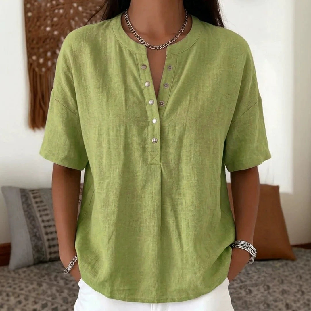 Ambrina™ Cotton-Linen Blouse with Delicate Front Buttons at the Neckline and Relaxed Fit