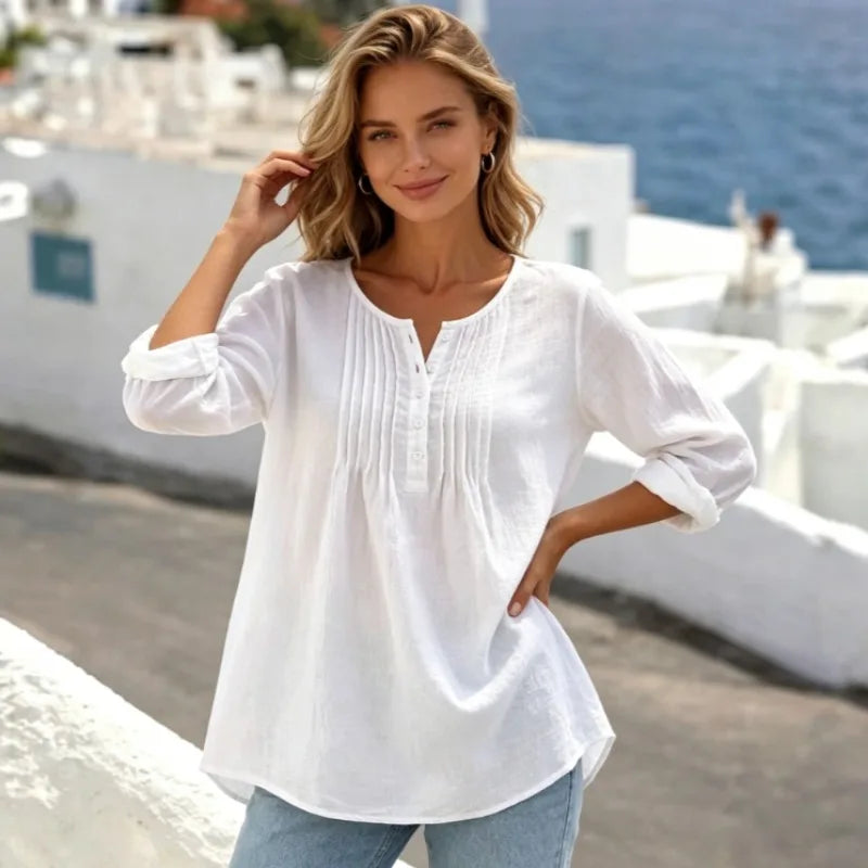 Nerea™ Blouse with Front Pleats, Buttoned Neckline and Relaxed Fit