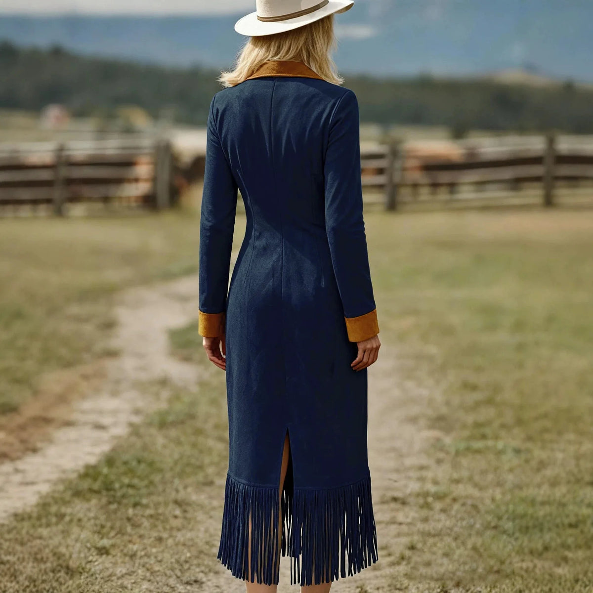 Dress Texas™ with Velvet Touch, Contrast Collar and Sleeves, Front Zip and Fringe Hem