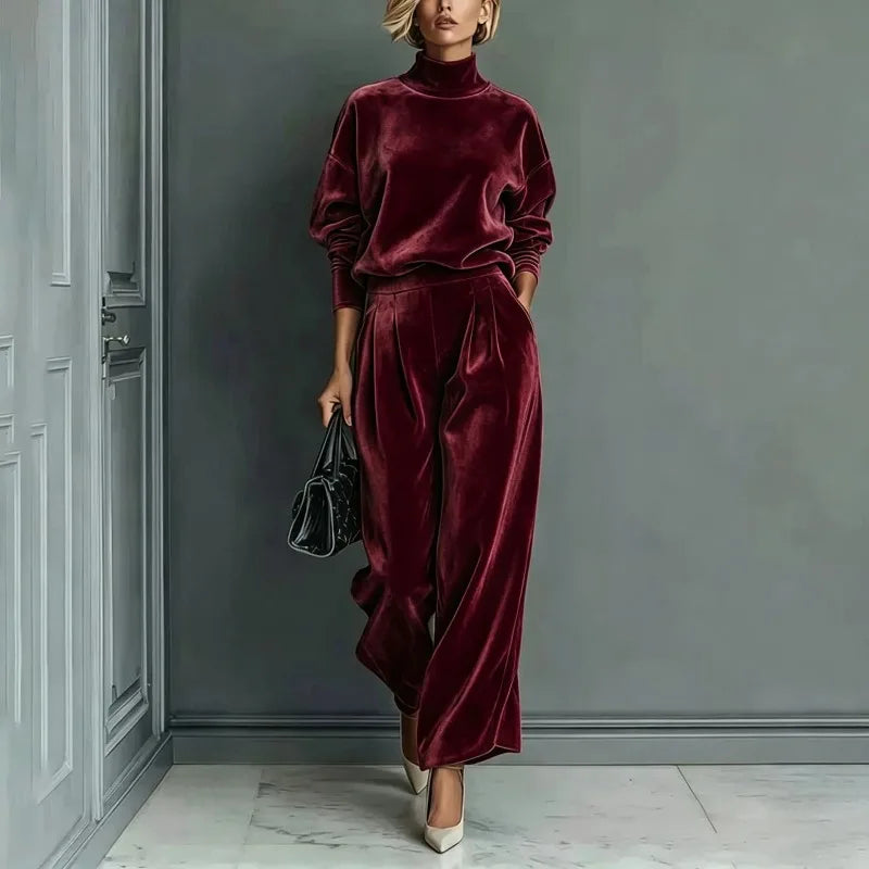 Set Rosamund™ with Velvet-Touch High-Neck Top and Wide-Leg Pants
