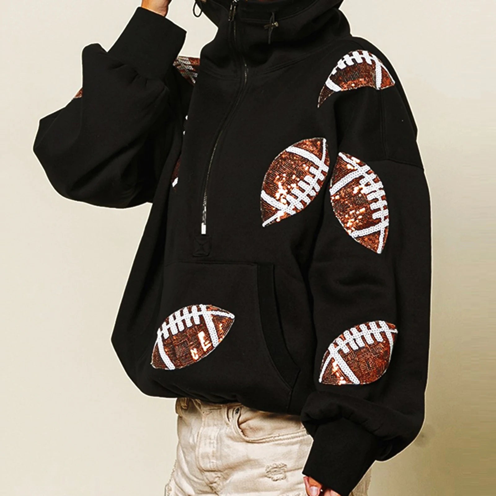 Touchdown Glam™ Hoodie in Premium Cotton with Sequin Football Embroidery / The Perfect Balance of Comfort and Glamour!