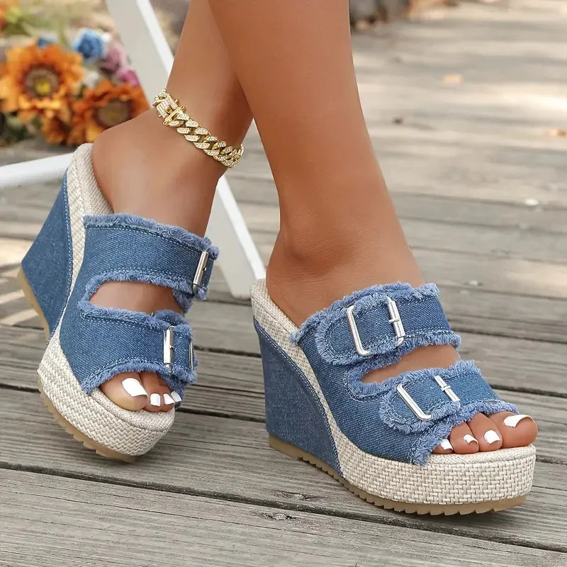 Zafira™ Sandals with Double Buckles and Denim Design