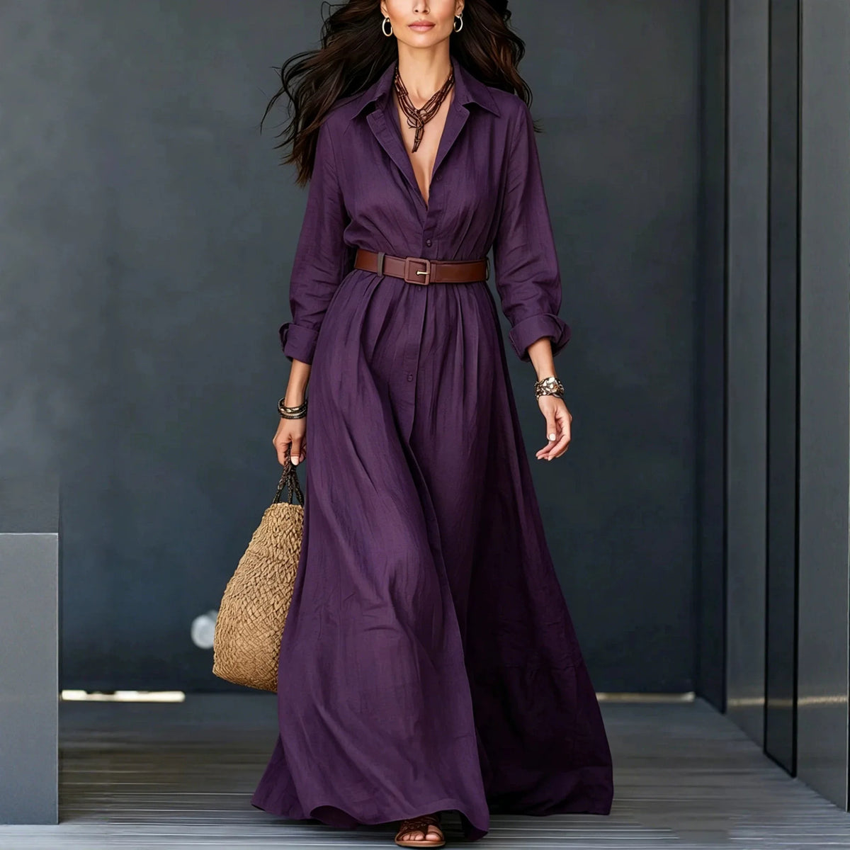 Delfina™ Dress with Elegant Collar, Minimalist Buttons and Complimentary Belt