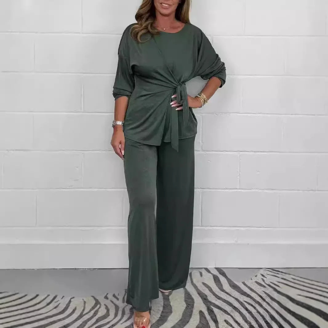 BlissLounge™ Premium Knit Set with Front Tie Blouse and Flowing Pants / The Wild Card Piece of the Modern Wardrobe!