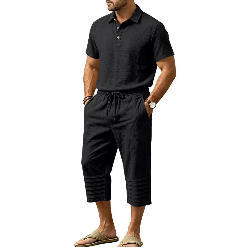 Set Owen™ Cotton Linen with Button-Front Polo Shirt and Adjustable Drawstring Waist Shorts