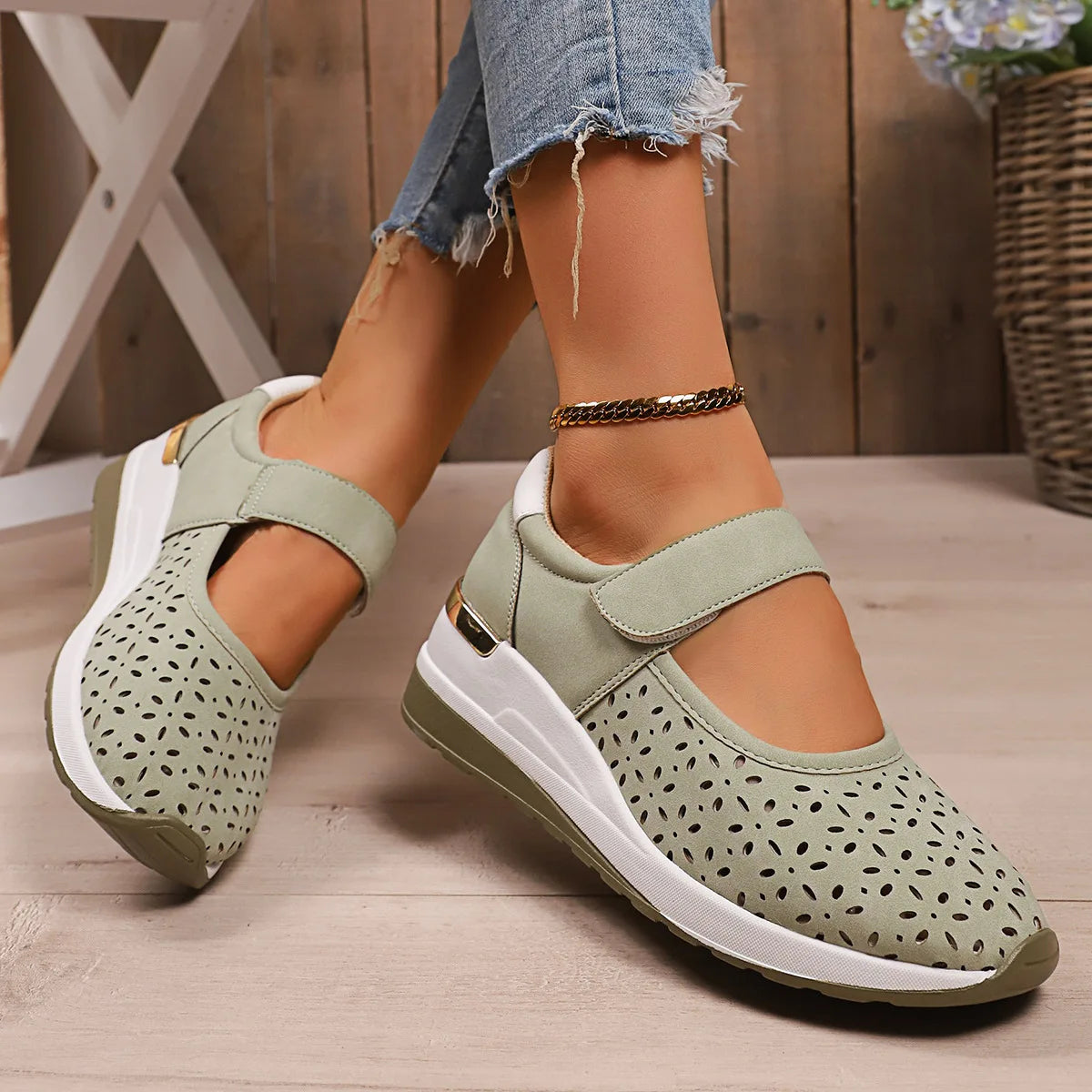 Calina™ Sneakers with Perforated Upper, Adjustable Velcro Strap and Elevated Sole