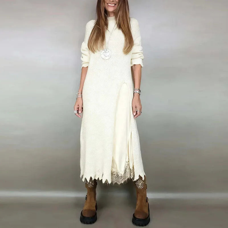 Valérie™ Set with Charming Satin Dress and Long Handcrafted Knit Sweater / Timeless Sophistication in Every Detail!