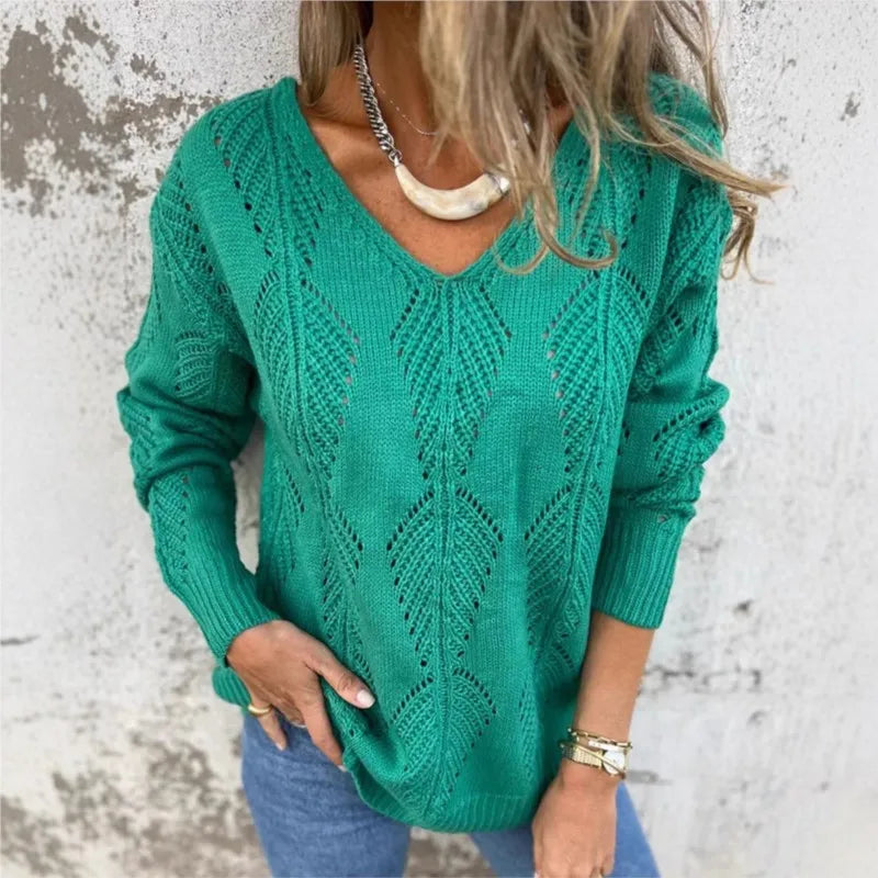 Vivienne™ Open-Knit Reversible Sweater with Double V-Neck and Button Detail / The Open-Knit Touch that Combines Comfort and Sophistication!