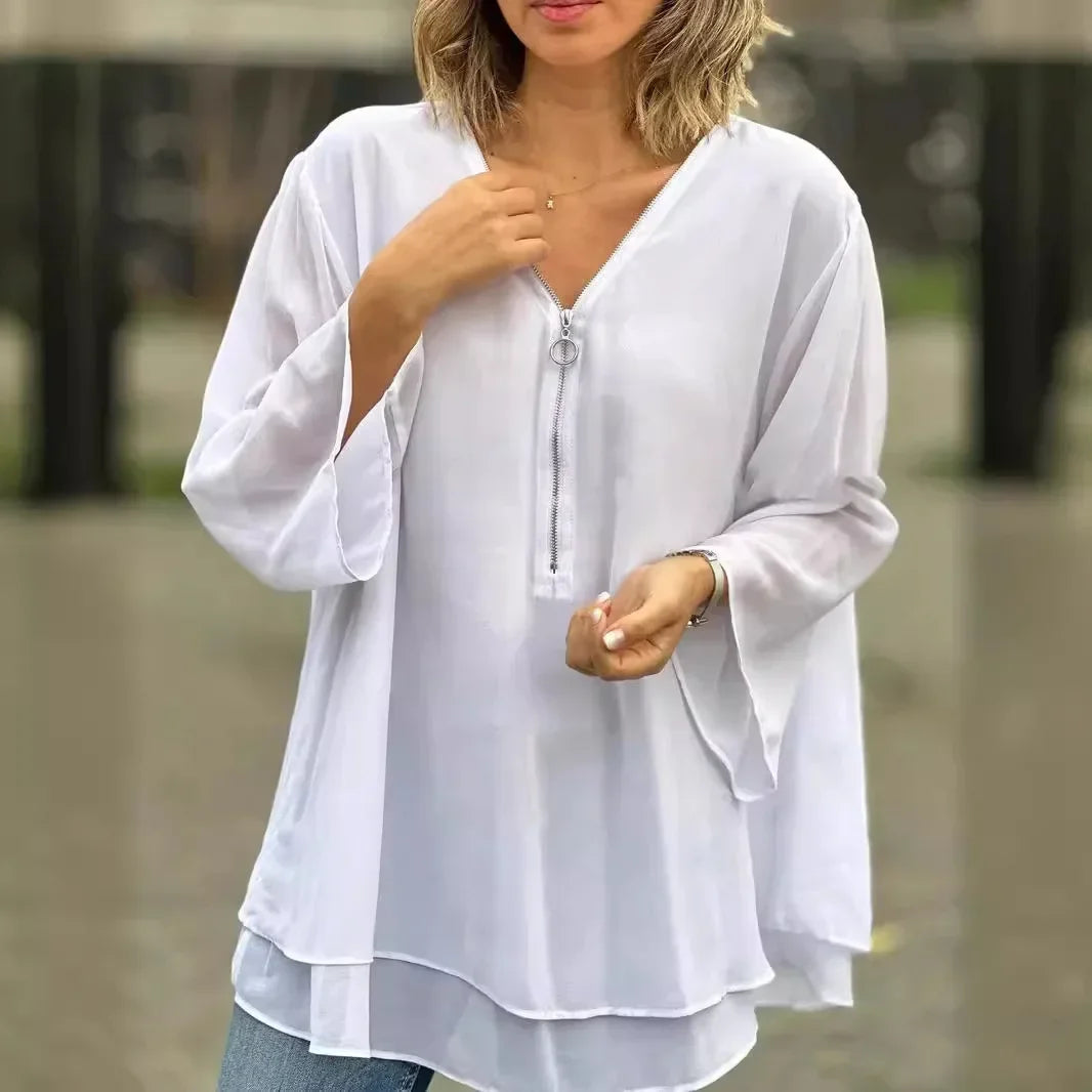 Seraphina™ Blouse in Flowing Fabric with Adjustable V-Neck and Double-Layer Hem / Lightweight, Cool, and Incredibly Versatile!