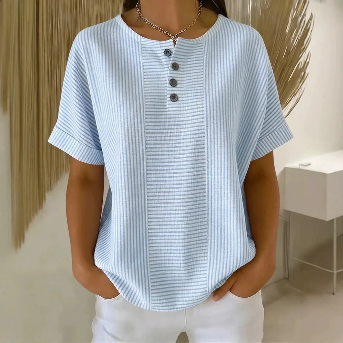 Euddora™ T-Shirt With Delicate Stripes and Front Buttons