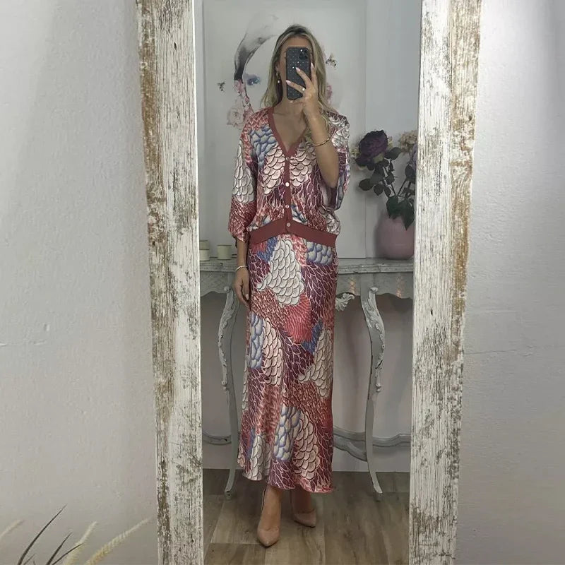 Sakura™ Set in Premium Satin with Kimono Blouse and Long Printed Skirt / An Ode to Sophisticated Femininity that Shines on Any Occasion!
