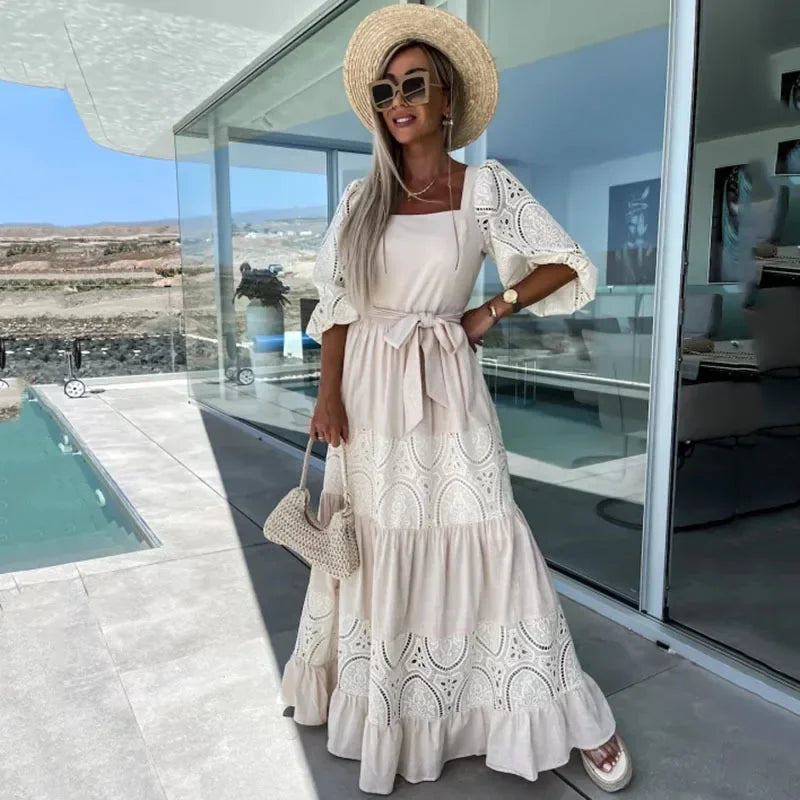Elysée Charm™ Dress in Laise Embroidery with Layered Skirt and Bow at the Waist / Timeless Elegance Inspired by the Mediterranean!
