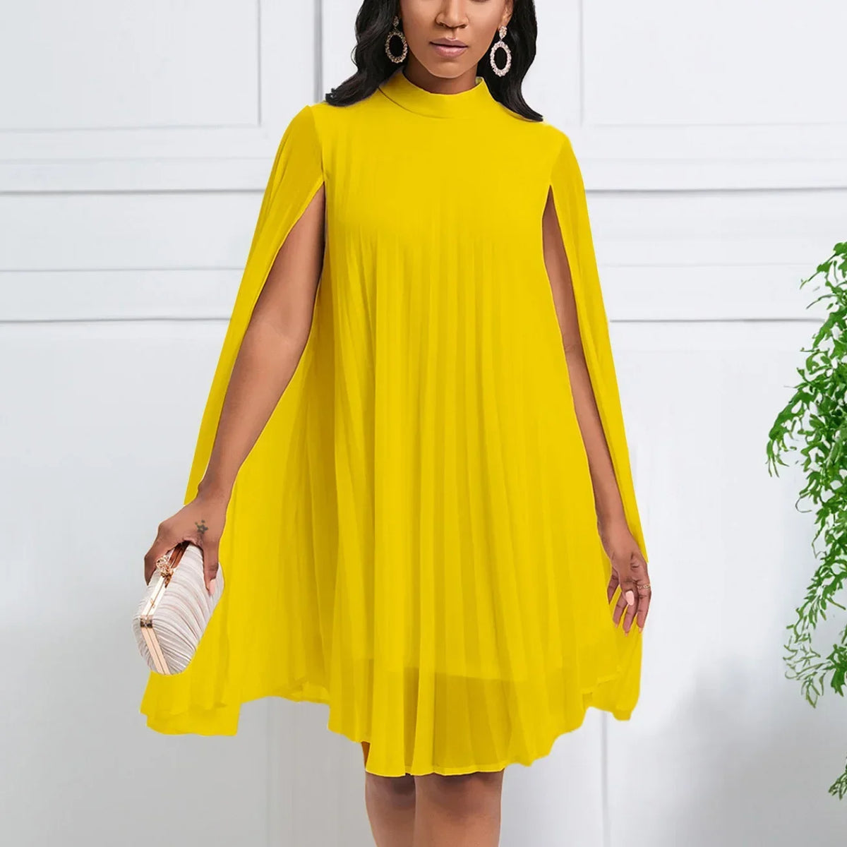 Lumera™ Dress with High Neck, Long Cape Sleeves and Fluid Drape