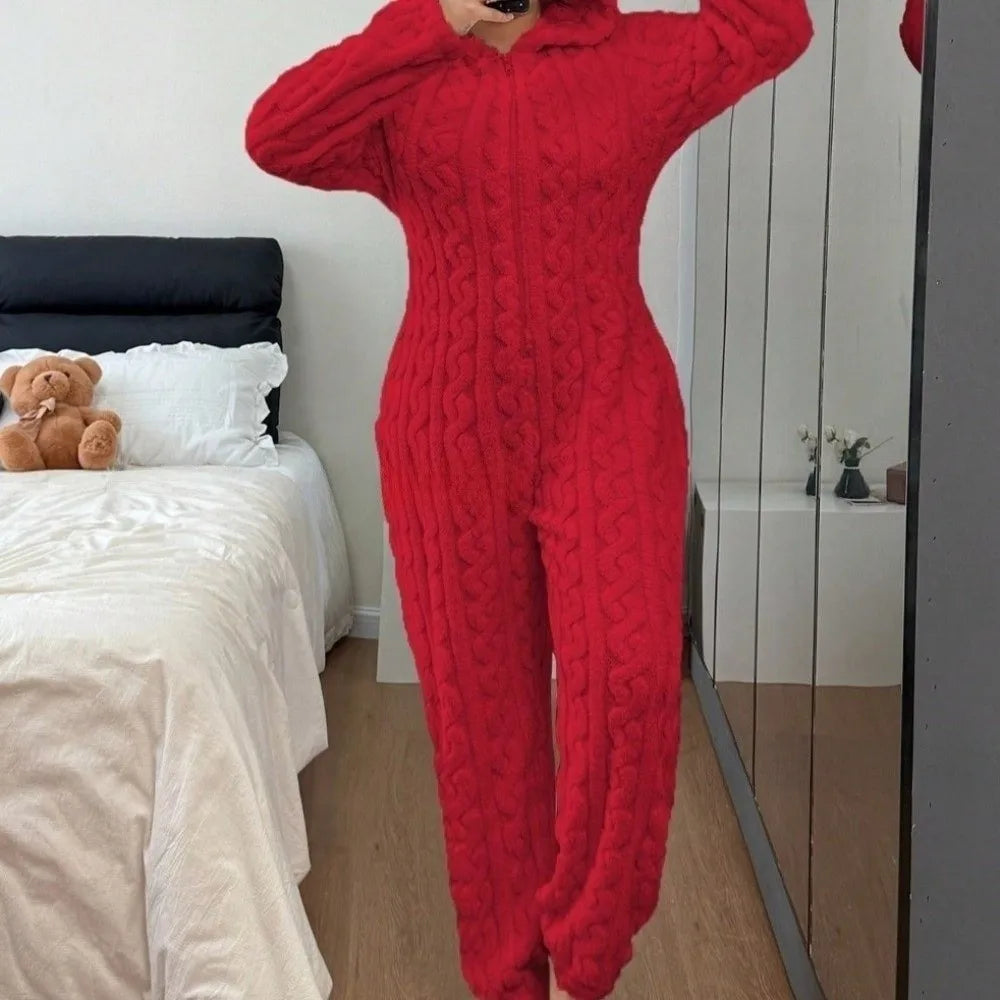 Ursina™ Plush Hooded Jumpsuit with Bear Ears and Teddy Bear Appliqué